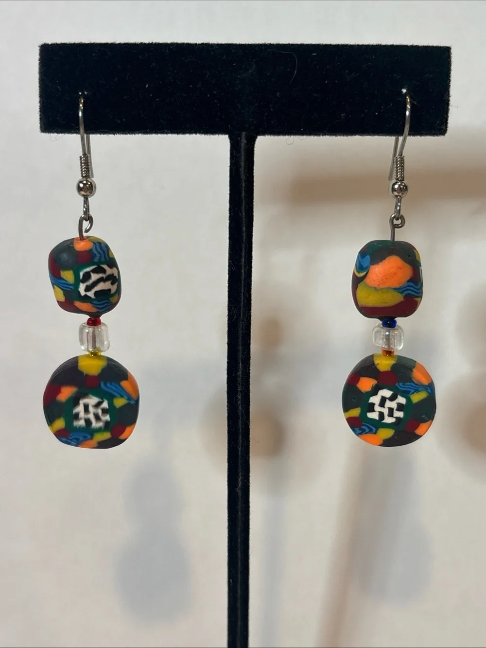 Vintage 90s Y2K FIMO Polymer Clay‎ Millefiori Dangle Earrings Abstract Mod Boho